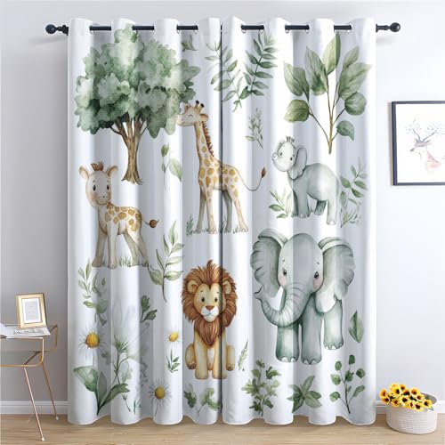 DlaQoryx Blickdichte Vorhänge Safari Tier Vorhang, Thermovorhang Kälteschutz Gardinen Cartoon Giraffen Löwen Elefanten Ösen Verdunkelungsvorhang für Schlafzimmer Wohnzimmer, 145x140 cm(Hxb) 2er Set von DlaQoryx