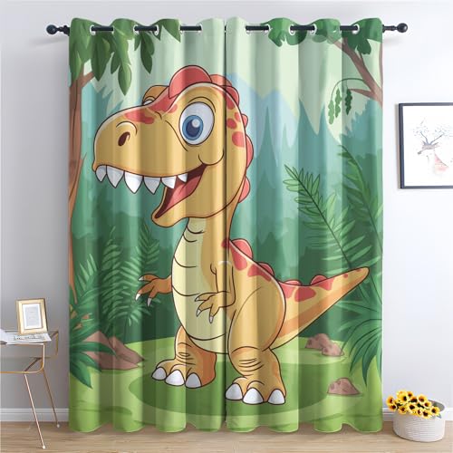 DlaQoryx Cartoon-Dino Vorhänge Mit ösen Dinosaurier Jurassic Tier Vorhang Verdunkelung, Schlafzimmer Wohnzimmer Deko Gardinen, 145x140 cm(HxB) Thermovorhang 2er Set von DlaQoryx