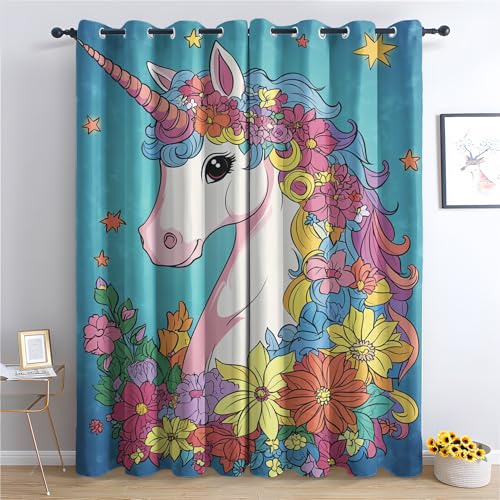 DlaQoryx Cartoon-Einhorn Vorhänge Mit ösen Bunte Blume Sterne Vorhang Verdunkelung, Schlafzimmer Wohnzimmer Deko Gardinen, 137x117 cm(HxB) Curtains 2er Set von DlaQoryx