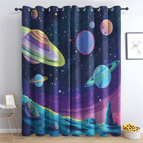 DlaQoryx Cartoon-Planet Stern Vorhänge Mit ösen Weltraum Sonnensystem Planeten Vorhang Verdunkelung, Schlafzimmer Wohnzimmer Deko Gardinen, 137x117 cm(HxB) Curtains 2er Set von DlaQoryx