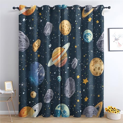 DlaQoryx Cartoon-Planet Vorhänge Mit ösen Sterne Kosmische Galaxie Vorhang Verdunkelung, Schlafzimmer Wohnzimmer Deko Gardinen, 137x117 cm(HxB) Curtains 2er Set von DlaQoryx