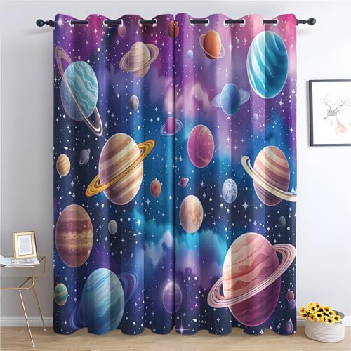 DlaQoryx Cartoon-Planeten Vorhänge Mit ösen Sonnensystem Plane Vorhang Verdunkelung, Schlafzimmer Wohnzimmer Deko Gardinen, 145x140 cm(HxB) Thermovorhang 2er Set von DlaQoryx