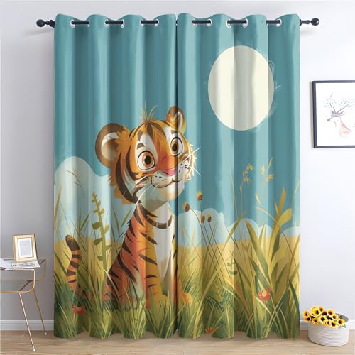 DlaQoryx Cartoon-Tiger Vorhänge Mit ösen Dschungel Tier Vorhang Verdunkelung, Schlafzimmer Wohnzimmer Deko Gardinen, 145x140 cm(HxB) Thermovorhang 2er Set von DlaQoryx