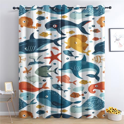 DlaQoryx Cartoon-Unterwasserwelt Vorhang Verdunkelung Wal Fisch Seestern Vorhänge Mit ösen, Schlafzimmer Wohnzimmer Deko Gardinen, 175x140 cm(HxB) Thermovorhang 2er Set von DlaQoryx