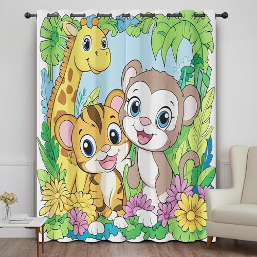 DlaQoryx Cartoon Zoo Safari Tier Blickdichte Vorhänge, Giraffe Tiger AFFE Verdunklungsvorhänge 2er Set Gardinen Mit ösen Schlafzimmer Wohnzimmer Thermovorhang Kälteschutz H 175 x B 140 cm von DlaQoryx