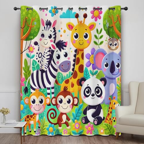 DlaQoryx Safari Tier Blickdichte Vorhänge, Cartoon Giraffe Elefant Panda AFFE Verdunklungsvorhänge 2er Set Gardinen Mit ösen Schlafzimmer Wohnzimmer Thermovorhang Kälteschutz H 175 x B 140 cm von DlaQoryx