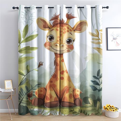 DlaQoryx Süße Giraffe Vorhänge Mit ösen Cartoon-Tier Vorhang Verdunkelung, Schlafzimmer Wohnzimmer Deko Gardinen, 145x140 cm(HxB) Thermovorhang 2er Set von DlaQoryx