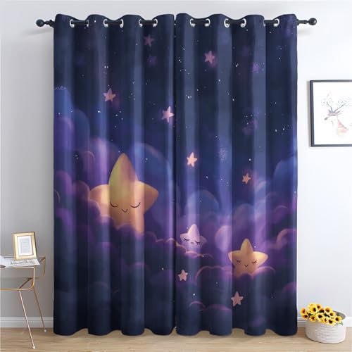 DlaQoryx Süße Sterne Vorhang Blickdicht, Sternenhimmel Kinder Vorhänge Mit ösen Blackout Curtain Thermo Vorhang Schlafzimmer Wohnzimmer Verdunklungsvorhänge 2er Set H 145 x B 140 cm von DlaQoryx