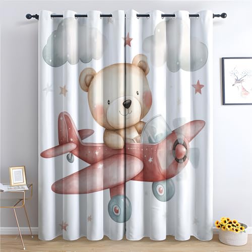 DlaQoryx Teddybär Vorhänge Mit ösen Cartoon-Flugzeug Vorhang Verdunkelung, Schlafzimmer Wohnzimmer Deko Gardinen, 145x140 cm(HxB) Thermovorhang 2er Set von DlaQoryx