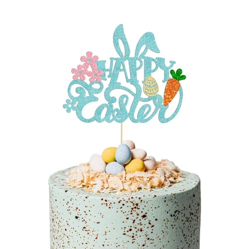 1 x Happy Easter Tortenaufsatz, glitzernde Hasenohren, Kuchendekoration, Happy Easter Hase, Cupcake-Topper, Oster-Kuchendekorationen, Happy Easter Birthday, Mottoparty-Zubehör von Dlicsy