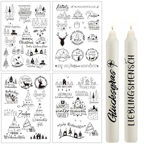 Dljingan 4/8 Stück Kerzentattoos Weihnachten,Rub On Sticker Weihnachten,Kerzen Aufkleber Weihnachten Decorations,DIY Kerzen Tattoo Folie Weihnachten Sticker,Kerzentattoos Wassertransferdruck (A-4PCS) von Dljingan