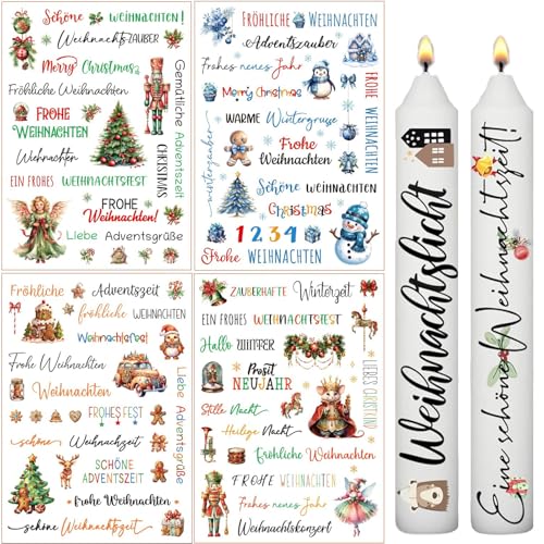 Dljingan 4/8 Stück Kerzentattoos Weihnachten,Rub On Sticker Weihnachten,Kerzen Aufkleber Weihnachten Decorations,DIY Kerzen Tattoo Folie Weihnachten Sticker,Kerzentattoos Wassertransferdruck (D-4PCS) von Dljingan