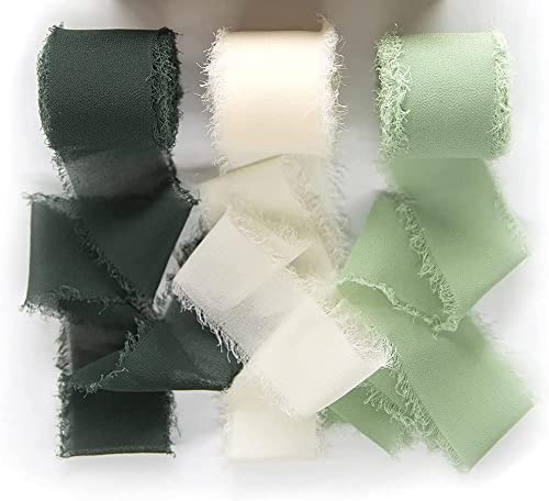 Dloapesy 3 Rollen handgefertigte Fransen Chiffon Seidenband Gaze 3,8 cm x 2,9 m Bänder Set für Hochzeitseinladungen, Brautsträuße, Geschenkverpackungen, DIY Handwerk (weiß und grün) von Dloapesy