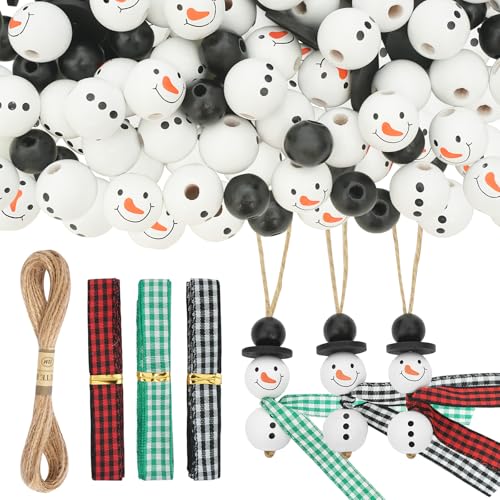 DLUSZERT 120 Stück Schneemann Holzperlen für Weihnachten, Natürliche Holzperlen für 30 Sets Schneemänner, 18mm Schneemann Holzkugeln mit Schnur Schal, Weihnachtsperlen für Weihnachtsdeko DIY von Dluszert