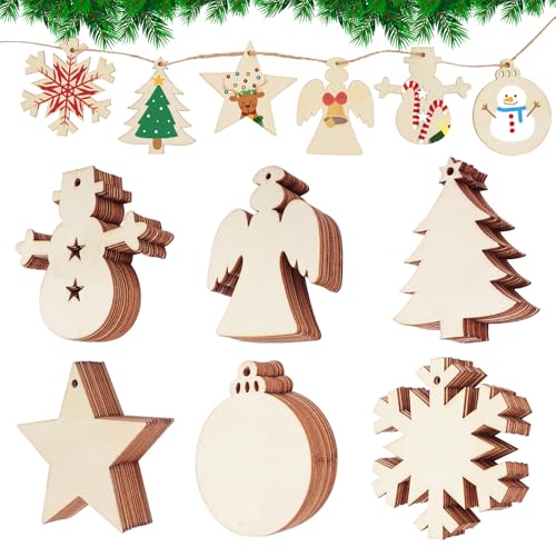 DLUSZERT 72 Stück Weihnachten Holz Ornamente zum Aufhängen, 6 Arten Holzanhänger Weihnachtsschmuck zum Bemalen mit Schnur, Weihnachtsbaum Holzscheiben Dekohänger, Christbaumschmuck für DIY Geschenk von Dluszert