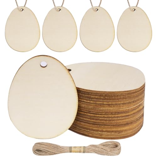 DLUSZERT 84 Stück Ostern Holzanhänger, 5cm Holz Ostereier Deko mit 10M Schnur, Osteranhänger Eier zum Bemalen, Holzscheiben Ostern Eier mit Loch zum Aufhängen, Holzeier für DIY Baumschmuck Basteln von Dluszert