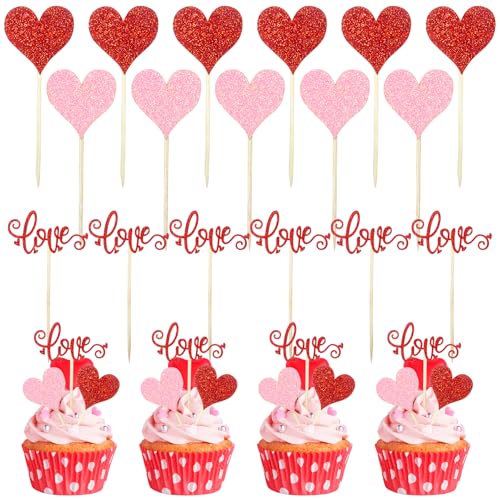 Dmnnlp 24 Stücke Valentinstag Cupcake Topper, Glitzer Herzen Cupcake Deko, Zahnstocher Flaggen Dekorative Zahnstocher für Valentinstag Geburtstag Hochzeit Party Kuchen Deko (Rot Rosa) von Dmnnlp