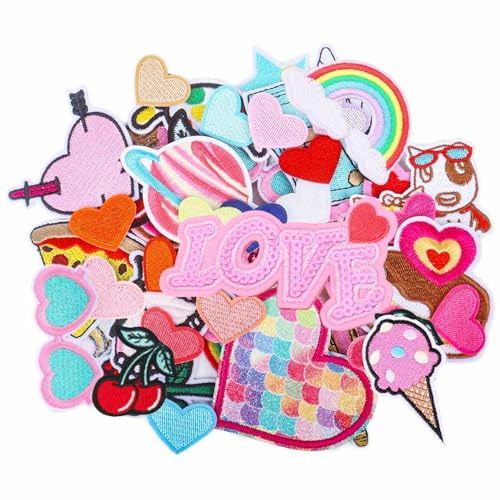 Dmnnlp 42 Stück Patches zum Aufbügeln, Mini Valentinstag Bügelbilder Herz Patches, Flicken zum Aufbügeln Kinder Bügelpatch Erwachsene für Rucksäcke Hosen Kleidung Hut Jeans DIY Dekoration von Dmnnlp