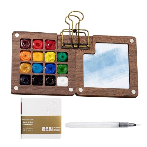 Tragbare Holzpalette mit 15 Fächern, 15 x 7,5 cm, Reise-Farbpalette, tragbare Aquarell-Palette, Mi-ni-Farbpalette, Skizzenbuch-Palette, Set mit Farbpalette, Stift, Zeichenbuch von Dmuzsoih