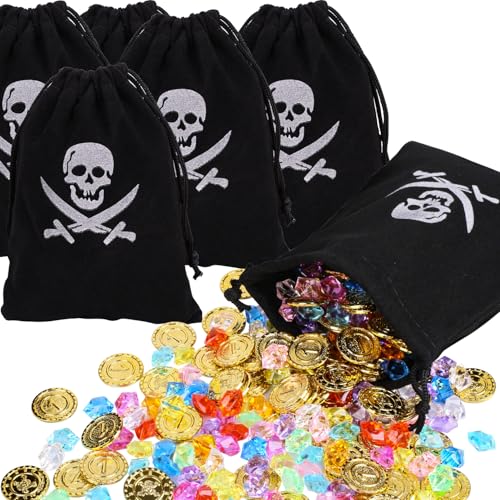 Dncvb 186 Stück Piratenschatz, 6 Piraten Schatzbeutel Kordelzug + 60 Goldmünzen Kinder + 120 Piraten Edelsteine für Kinder, Piratenparty Mitgebsel, Halloween Piraten Deko, Piraten Kindergeburtstag von Dncvb