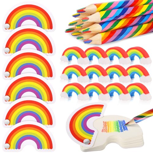 Dncvb 30 Stück Regenbogen Stifte Set,12 Regenbogen Buntstifte 12 Regenbogen Radiergummis 6 Mini Regenbogen Form Notizblöcke Kinder Farbstifte für Kunst Zeichnung,Kindergeburtstag Gastgeschenke von Dncvb