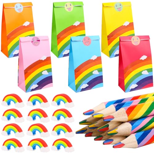 Dncvb 36 Regenbogen Stifte Set, 12 Regenbogenstift, 12 Regenbogen Papiertüten Kindergeburtstag, 12 Regenbogen Radiergummis, Regenbogen Buntstifte Kinder für Give Aways Kindergeburtstag von Dncvb