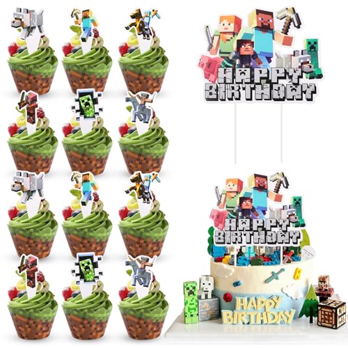 Dncvb 49 Stück Miner Game Tortendeko, 25 Pixel Cake Topper + 24 Cupcake Toppers Wrappers Miner Game Cupcake Toppers Pixel Muffin Deko für Pixel Video Game Party Decorations Geburtstagsfeier von Dncvb