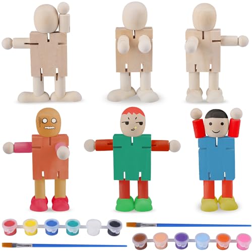 Dncvb 6Pcs Holzfiguren mit 12 Farben Acrylfarbe und 2 Acrylpinsel, Holzfiguren zum Bemalen, Natur Kleine Holzfiguren Puppen, Unvollendete Holzmännchen zum Bemalen für Diy Dekoration Bemalen Basteln von Dncvb