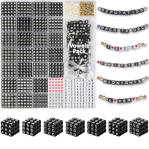 DoDoBeads Black Letter Beads Kit - 1270Pcs Acrylic 6x6mm Square Alphabet Beads A-Z with Spacer Beads, and Extra Vowels & Number Beads - Ideal for Bracelets, Necklaces, Friendship Bracelet Kits von DoDoBeads