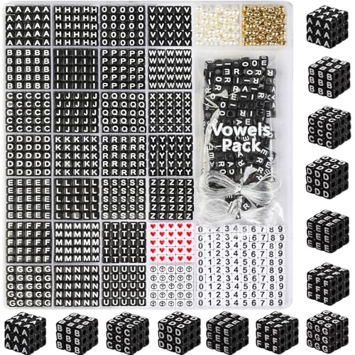 DoDoBeads Black Letter Beads Kit - 1270Pcs Acrylic 6x6mm Square Alphabet Beads A-Z with Spacer Beads, and Extra Vowels & Number Beads - Ideal for Bracelets, Necklaces, Friendship Bracelet Kits von DoDoBeads