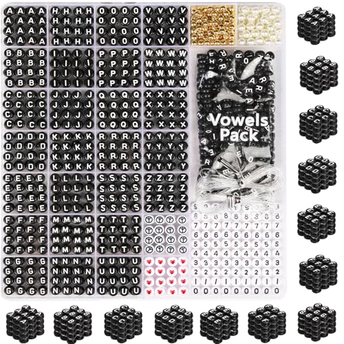 DoDoBeads Black Letter Beads Kit - 1650Pcs Acrylic 4x7mm Round Alphabet Beads A-Z with Spacer Beads and Extra Vowels & Number Beads - Ideal for Bracelets, Necklaces, Friendship Bracelet Kits von DoDoBeads