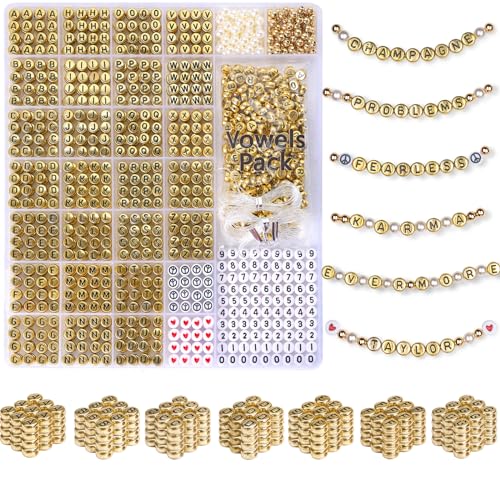 DoDoBeads Gold Letter Beads Kit - 1650Pcs Acrylic 4x7mm Round Alphabet Beads A-Z with Spacer Beads and Extra Vowels & Number Beads - Ideal for Bracelets, Necklaces, Friendship Bracelet Kits von DoDoBeads