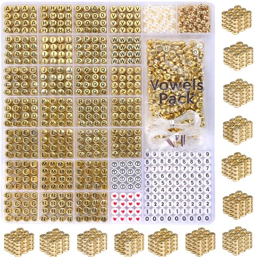 DoDoBeads Gold Letter Beads Kit - 1650Pcs Acrylic 4x7mm Round Alphabet Beads A-Z with Spacer Beads and Extra Vowels & Number Beads - Ideal for Bracelets, Necklaces, Friendship Bracelet Kits von DoDoBeads