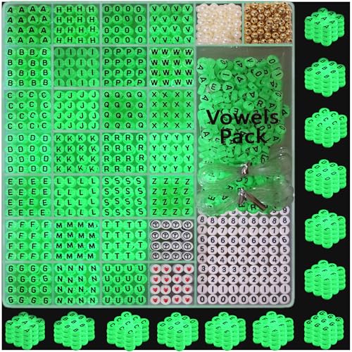 DoDoBeads Letter Beads Kit - Glow in the Dark Beads, 1650Pcs Acrylic 4x7mm Round Alphabet Beads A-Z with Spacer Beads and Extra Vowels & Number Beads - Ideal for Bracelets von DoDoBeads