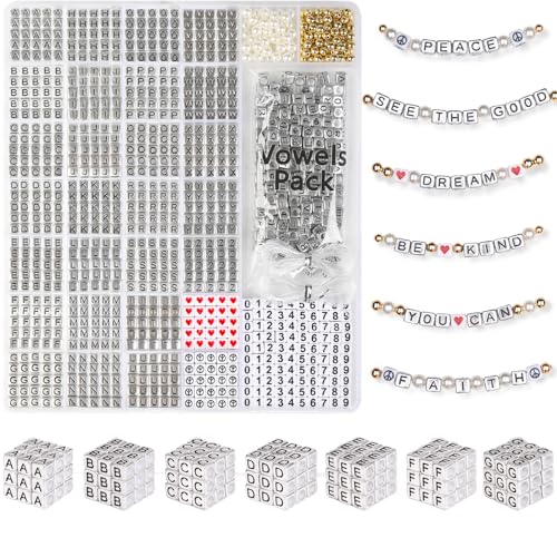 DoDoBeads Silver Letter Beads Kit - 1270Pcs Acrylic 6x6mm Square Alphabet Beads A-Z with Spacer Beads, and Extra Vowels & Number Beads - Ideal for Bracelets, Necklaces, Friendship Bracelet Kits von DoDoBeads