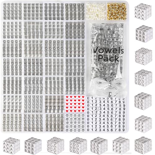 DoDoBeads Silver Letter Beads Kit - 1270Pcs Acrylic 6x6mm Square Alphabet Beads A-Z with Spacer Beads, and Extra Vowels & Number Beads - Ideal for Bracelets, Necklaces, Friendship Bracelet Kits von DoDoBeads