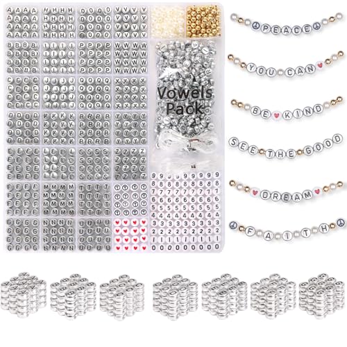 DoDoBeads Silver Letter Beads Kit - 1650Pcs Acrylic 4x7mm Round Alphabet Beads A-Z with Spacer Beads and Extra Vowels & Number Beads - Ideal for Bracelets, Necklaces, Friendship Bracelet Kits von DoDoBeads