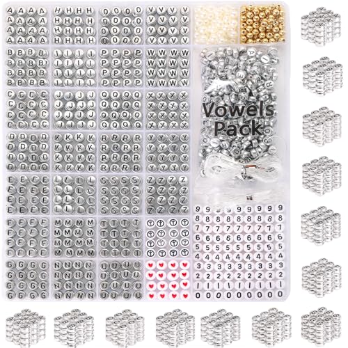 DoDoBeads Silver Letter Beads Kit - 1650Pcs Acrylic 4x7mm Round Alphabet Beads A-Z with Spacer Beads and Extra Vowels & Number Beads - Ideal for Bracelets, Necklaces, Friendship Bracelet Kits von DoDoBeads