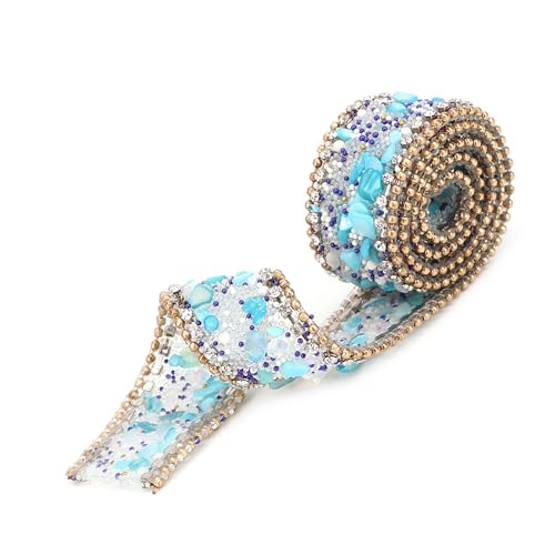 2,5 Cm Strass-Bandbesatz, Strasskette, 2,5 Cm DIY Diamant-Mesh-Wickelrolle, Kristall-Strasssteine, Kettenbesatz, Banddekoration (Blauer Stein + Goldperlen und Diamantkette) von Doact