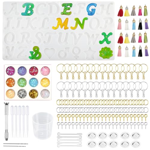 Doafoce 197 Stück Epoxidharz Set Anfänger Resin Silikonform Alphabet Epoxidharz Formen Silikon Anzahl Buchstaben Epoxidharz Formen Kit für Schlüsselbund Anhänger DIY Dekoration von Doafoce