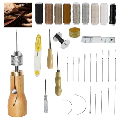 Doafoce Leder Nähen Werkzeug Multifunktional DIY LedernäHset Enthalten sewing awl,Gewachstes Garn,Weiches Maßband,Schraubendreher,U-shaped scissors,Robuste Nähnadeln,Werkzeuge Set für DIY Handwerk von Doafoce