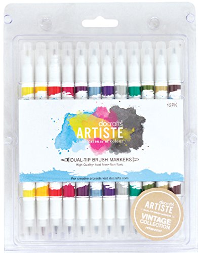 Artiste DOA 851101 Artiste Dual Tip Brush Markers, Vintage, 12 Stück von Docrafts