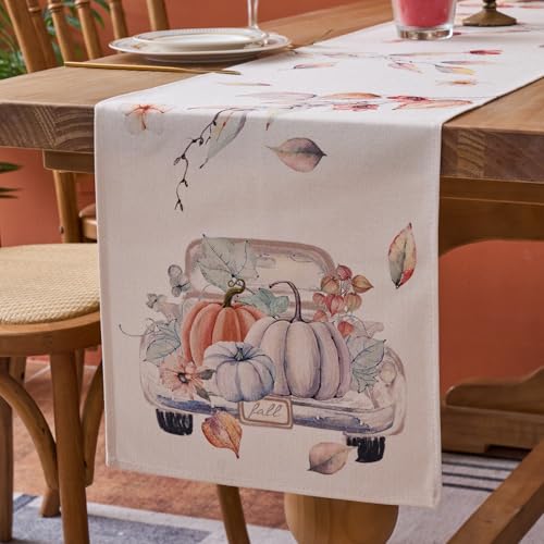 Tischläufer Herbst Tischläufer Modern 33x183cm Tischläufer Abwaschbar Polyester Tischläufer Bauernhaus Kürbisse Auto Küche Esstisch Dekoration für Drinnen Draußen Thanksgiving Halloween Wohnkultur von Dokeleen