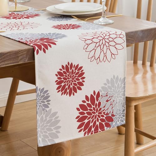 Tischläufer Modern Wohnzimmer Tischläufer Polyester Tischläufer Rot und Grau Tischdeko Boho Blumen Tischmatten für Kommode Schrank Tisch TV Esstisch Küche Bankett Hochzeit Party Tischläufer 33x183cm von Dokeleen