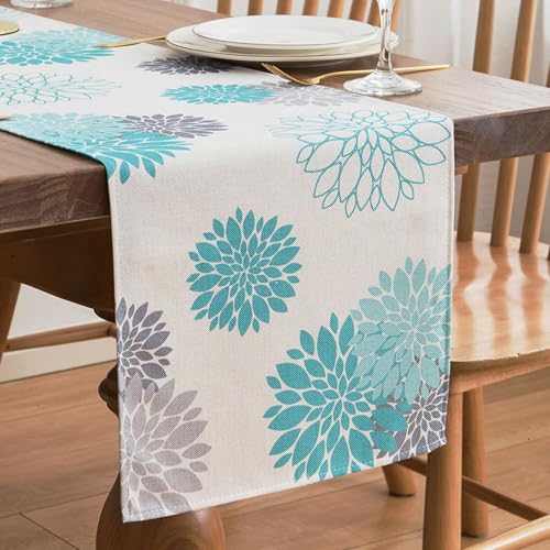 Tischläufer Modern Wohnzimmer Tischläufer Türkis Grau Dahlie Blumen Pflanzen Tischläufer Frühling Polyester Tischläufer Boho Vintage Dekoration für Küche Esstisch Drinnen und Draußen 40x140cm von Dokeleen