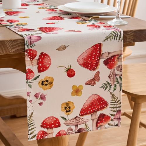 Tischläufer Pilz Tischläufer Modern Tischläufer Rot Tischläufer Abwaschbar Tischläufer Erdbeere Schmetterling Polyester Tischläufer Bunt Tischläufer Sommer 33x183cm Herbst Tischläufer für Esstisch von Dokeleen