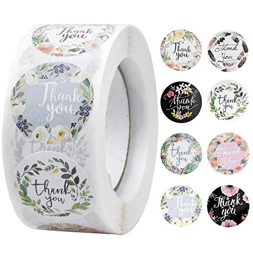 Dokeno,500 Stück Dankeschön Aufkleber mit Blumenmuster – 2,5 cm,Runde Danke Sticker zum Verpacken von Geschenken,Dekorative Dankeschön-Etiketten für Kleine Unternehmen, Hochzeiten und Geburtstage von Dokeno