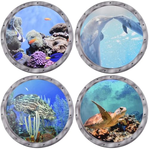 Dokeno 4 Stück 3D Wandtattoo Unterwasserwelt, Wandsticker Badezimmer Bilder 3D Delfin Unter dem Meer Wandaufkleber, Wandtattoo 3D Bullauge für Schlafzimmer Wohnzimmer Bad Wanddeko, 28×28CM von Dokeno