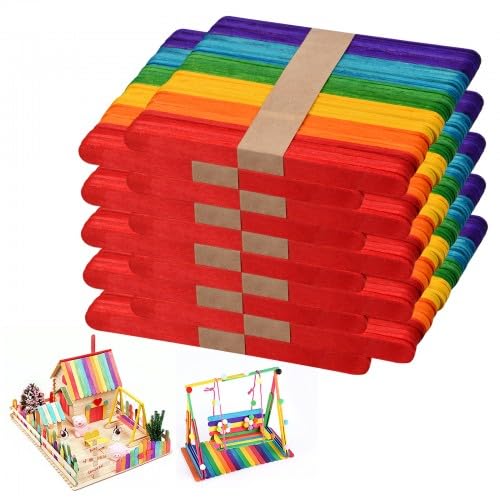 Dokeno 500 Stück Bunte Holzstiele, Bunte Eisstiele zum Basteln, Eisstiele aus Holz zum Basteln, Bunte Holzstäbchen Breit, Wooden Popsicle Sticks für Kinder zum Basteln Handwerk, 114x10x2mm von Dokeno