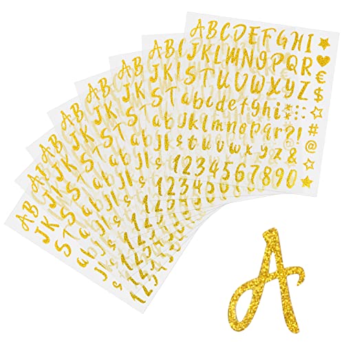 Dokeno 640 Stücke 8 Blätter Glitzer Buchstaben Aufkleber Alphabet Nummer Aufkleber Selbstklebende Vinyl Buchstaben Aufkleber Tür Wand Holz Schild Adressnummer (Gold) von Dokeno